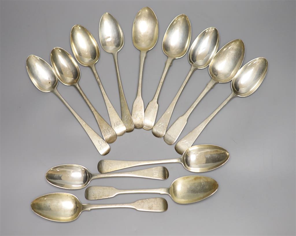 Thirteen assorted George III and later silver fiddle or Old English pattern tablespoons